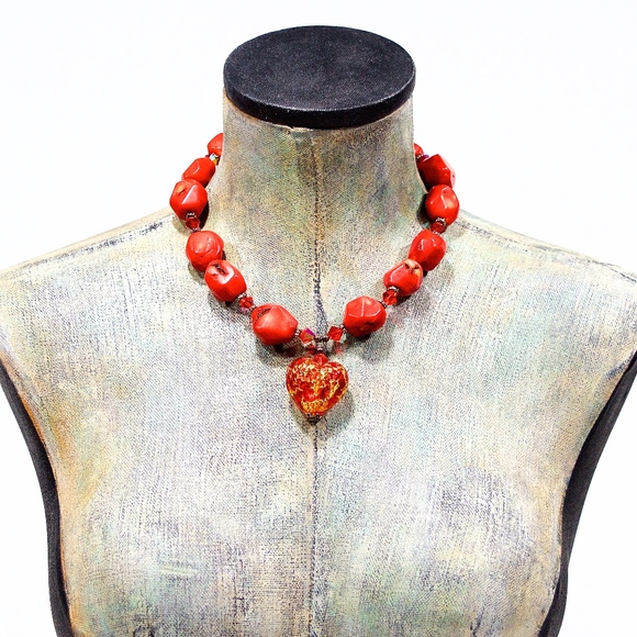 VTG 90's Coral and Silver Necklace and Earring Set - Picture 3 of 5